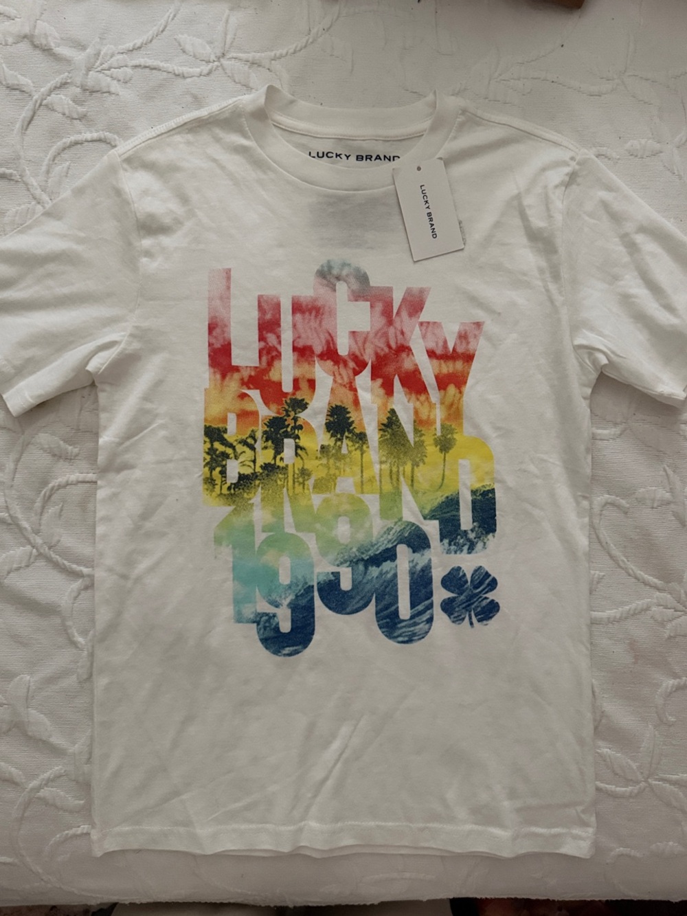 Lucky Brand White Tee with Rainbow Ombre Palm Graphic